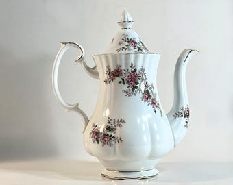 Royal Albert Lavender Rose Coffee Pot, Montrose Shape Bone China, Pink Roses Gold Trim
