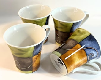 222 Fifth Silk Road Mugs (Set of 4): Brown, Orange, Green, Blue Panels