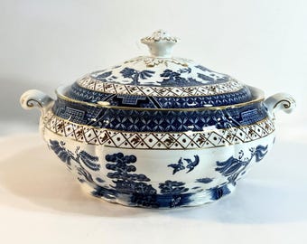 Antique Booths Real Old Willow Blue Tureen with Lid, Gold Trim