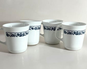 Set of 4 Corelle Old Town Blue Mugs: Vintage Blue Onion Coffee Cups