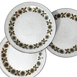 Può includere: Tre piatti rotondi in ceramica con un centro bianco sporco maculato e un bordo decorativo. Il bordo presenta un motivo ripetitivo di fiori blu e marroni su un bordo testurizzato e striato con una sottile linea nera esterna.