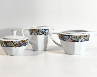 Graf Von Henneberg Porcelain Tea Set Pieces | Blue Floral Band Sugar Bowl, Creamer Boat