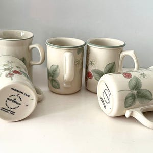 Puede incluir: Un juego de cuatro tazas de cerámica color crema con un patrón botánico de frambuesas, hojas verdes y bayas rojas. La base incluye el texto RASPBERRY CANE, OVEN TO TABLE, WEDGWOOD, MADE IN ENGLAND, DISHWASHER PROOF.
