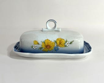 Mikasa Country Club Butter Dish | Speckled Stoneware, Blue Rim, Floral (Discontinued)