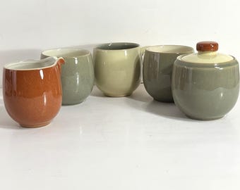 Denby Langley Fire Stoneware Mug, Creamer, Sugar Bowl, Sage Yellow Paprika England