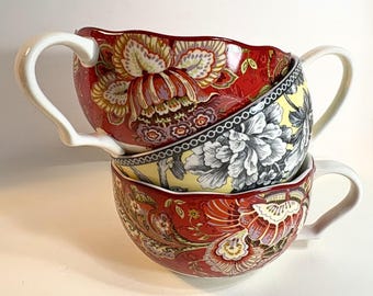 222 Fifth Adelaide Yellow Soup Mug | Black Floral Toile Ceramic Cup