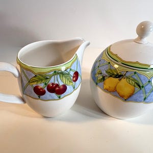 Mikasa Fruit Rapture Sugar Bowl, Creamer | Discontinued Mediterranean Ceramic Replacement | Smooth White Mixed Fruit Pattern Green Trim