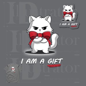 May include: A white cat with a red bow tie and crossed arms. The cat is wearing a red bow tie and has a grumpy expression. The text "I AM A GIFT" is written below the cat.