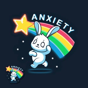 May include: A white rabbit with big eyes runs towards a rainbow with the word "ANXIETY" written on it. The rainbow is coming from a yellow star.