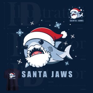 May include: A cartoon shark wearing a Santa hat and a white beard. The shark is on a blue background with snowflakes. The text "SANTA JAWS" is written below the shark.