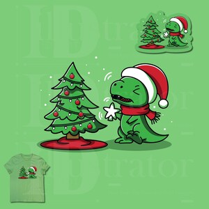 May include: A green dinosaur wearing a red Santa hat is holding a white star and standing next to a green Christmas tree with red ornaments. The dinosaur is smiling and has a red scarf around its neck.