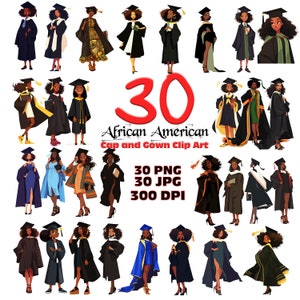 Afroamerikaner Graduierung Clipart, Diplom, 30er-Pack Graduierung Clip Art, Schwarze Frauen Vektorgrafik, Sublimationskappe und Kleidzirkel