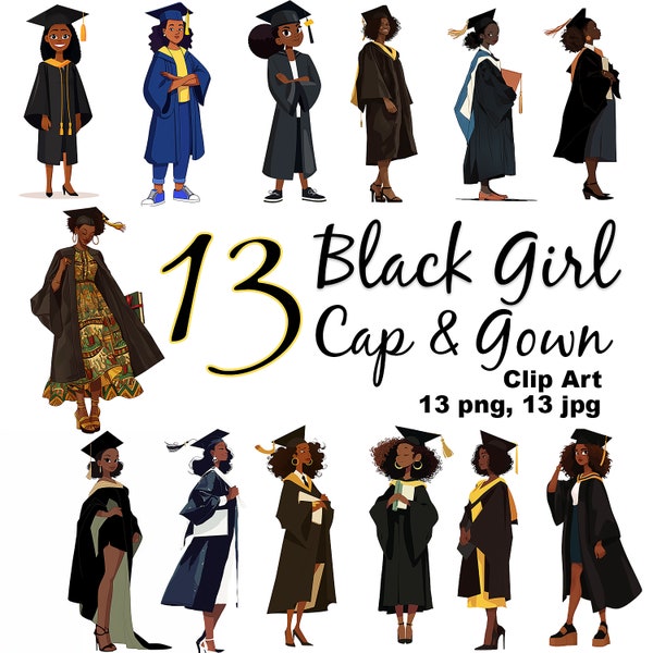 13 Pack Graduation Clip art, Black women vector graphics, Sublimation Download, Woman Cap and Gown Diploma high Education College Ceremony