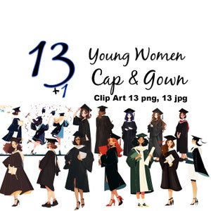 Graduierung junge Frauen Kappe Kleid 13 Set, Diplom Zeremonie Studenten JPG PNG Vektor Clip Art Cricut Sublimation, Lächeln, Vektorgrafik,