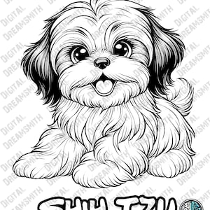 Charming Shih Tzu Puppy Coloring Page - Printable PDF for All Ages, Instant Download