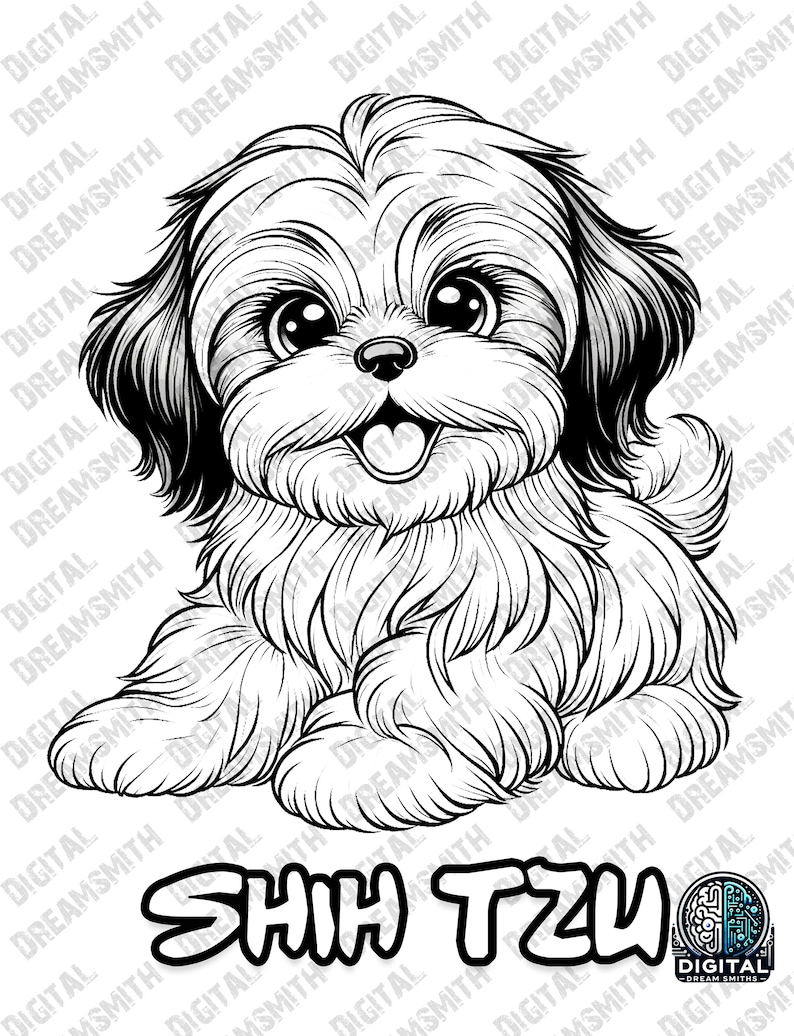 Charming Shih Tzu Puppy Coloring Page - Printable PDF for All Ages, Instant Download