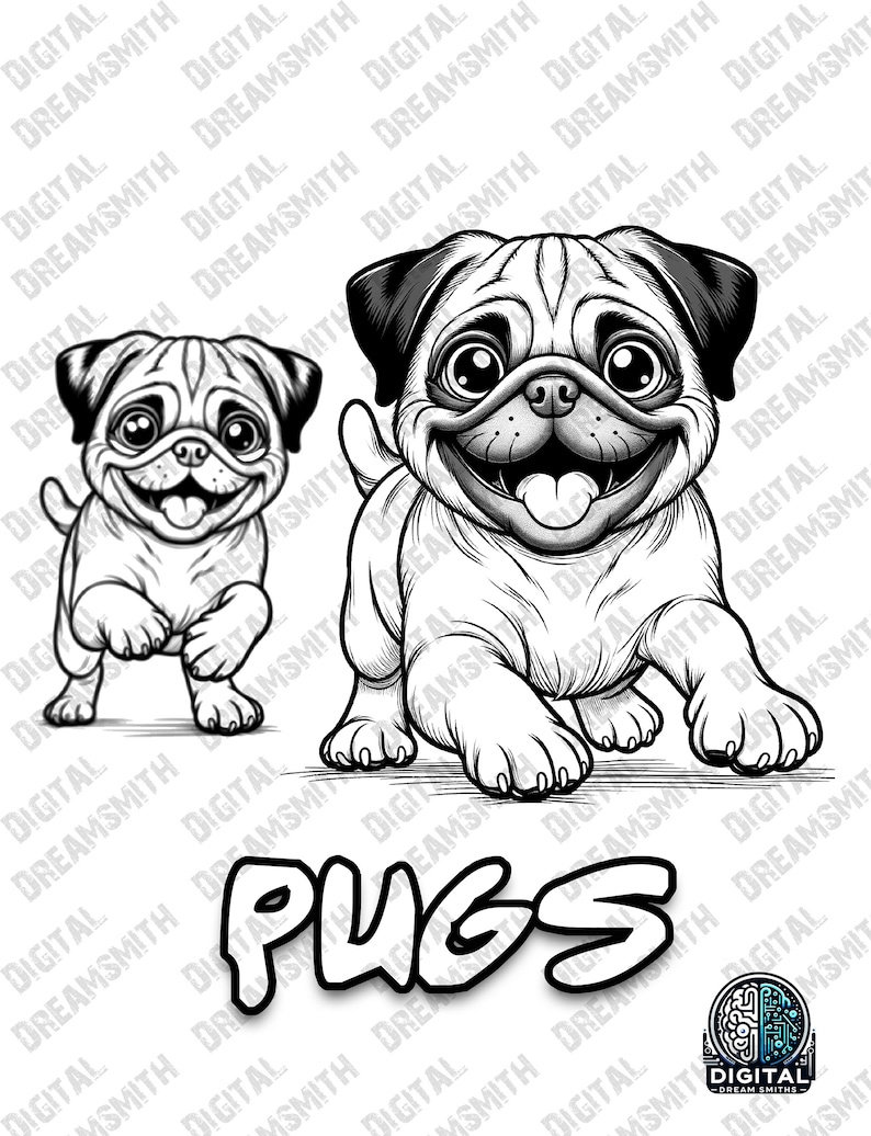 Charming Pugs Puppy Coloring Page - Printable PDF for All Ages, Instant Download - Etsy
