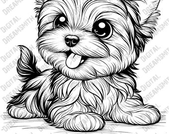 Charming Yorkshire Terrier Puppy Coloring Page - Printable PDF for All Ages, Instant Download