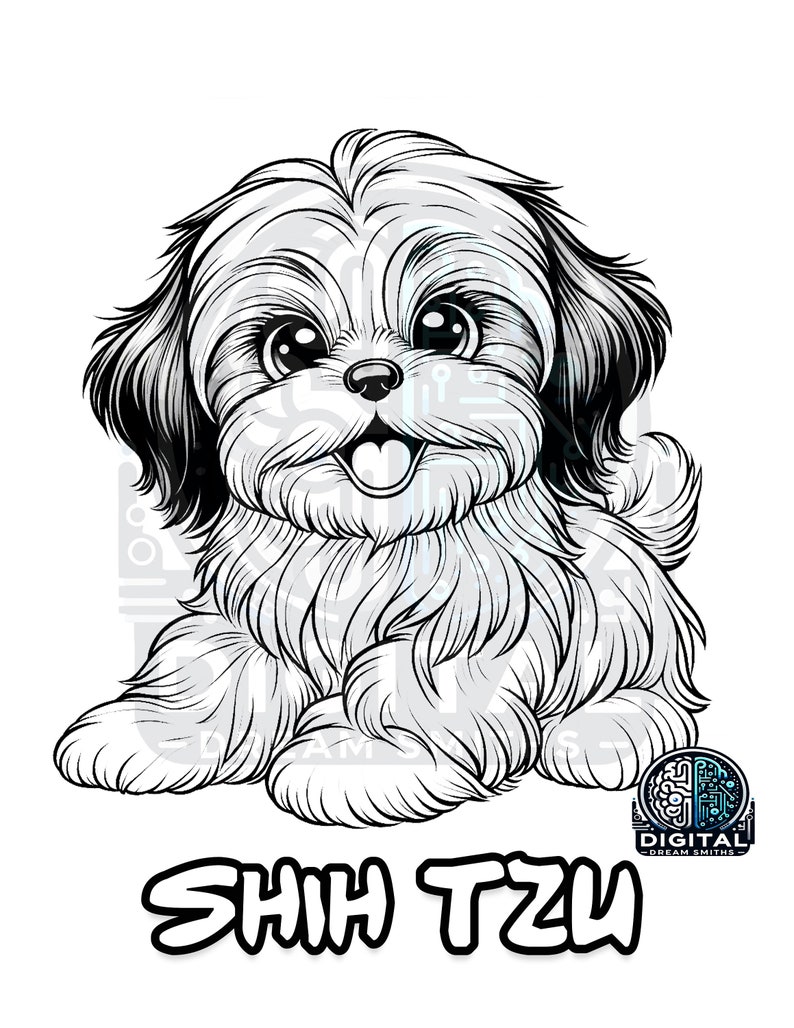 Charming Shih Tzu Puppy Coloring Page - Printable PDF for All Ages, Instant Download