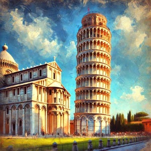 May include: A painting depicting the Leaning Tower of Pisa in Italy, with a large, white, stone building in the foreground. The sky is blue with white clouds.