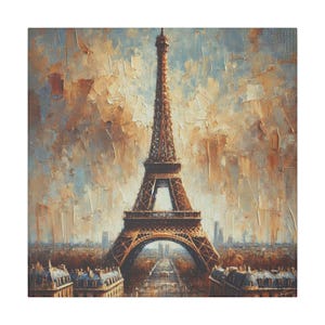 May include: A painting of the Eiffel Tower in Paris, France. The tower is depicted in a brown and gray color scheme against a cloudy sky. The painting has a textured, brushstroke effect.