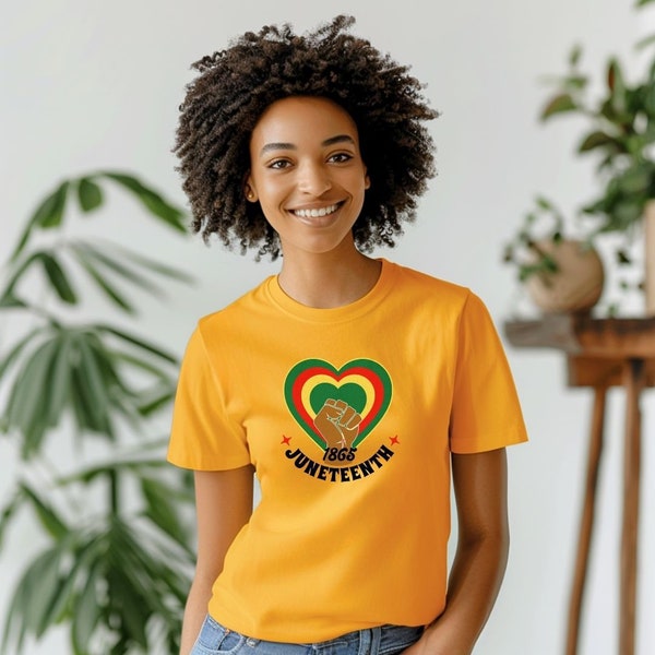 Vibrant Juneteenth Heart Fist Love Tee for Her, Juneteenth 1865, Black Owned Shop