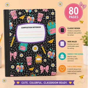 May include: A black composition notebook with a white speckled pattern featuring colorful icons of backpacks, apples, daisies, pencils, bows, and cups. The cover has a central white label with the text COMPOSITION NOTEBOOK and three colored lines.