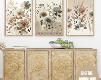 Wildflower Prints, PRINTABLE Floral Digital Art, Printable Wall Art, Set of 3 Artful Boho Wall Art Prints, Printable Art Digital Download