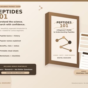 May include: A digital guide titled Peptides 101 featuring a brown cover with a molecular diagram, the text A Beginner's Guide to Understanding Peptides, and Digital Dazzlerz. Includes a list of five topics, bonus printable toolkit, and checklists.