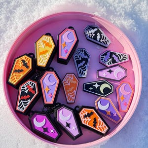 Kawaii Coffin Clicker Keychain— Bats & Spiderwebs / Moon and Stars