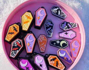 Kawaii Coffin Clicker Keychain— Bats & Spiderwebs / Moon and Stars
