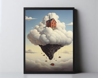 Hosue in Clouds Digital Download, Poster Download, Printable Art, Home Decor, Office Decor, Abstract Painting, High Quality Poster Art