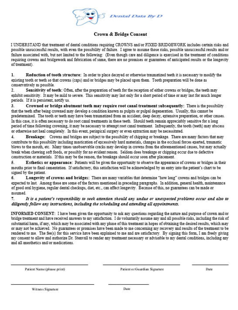 Dental Patient Consent Forms for Crown &amp; Bridge Treatment - Etsy