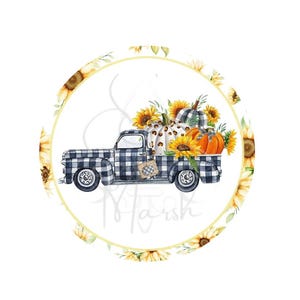 Könnte beinhalten: Aquarell-Illustration eines schwarz-weiß karierten Trucks, der Kürbisse und Sonnenblumen transportiert. Der Truck ist von einem kreisförmigen Sonnenblumenrand umgeben. Der Text "Marsh" ist sichtbar.
