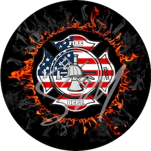 May include: A red, white, and blue American flag with a firefighter's cross superimposed over it. The cross has the words "FIRE DEPT." on it. The image is surrounded by a ring of orange flames.