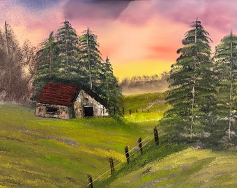 Cabin at sunset Bob Ross style painting