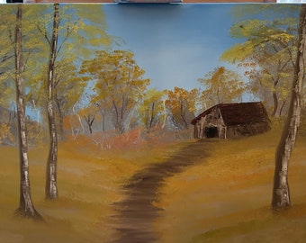 Bob Ross style oil painting Pathway to autumn