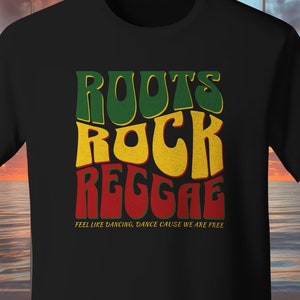 Roots Rock Reggae-T-shirt, reggaemuziek, rood, geel en groen, concert, festival, rastakleding, Roots & Culture, Jah Rastafari, One Love