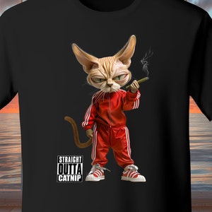 May include: Black t-shirt with a cartoon image of a cat wearing a red tracksuit and holding a cigarette. The text "STRAIGHT OUTTA CATNIP" is printed below the cat.