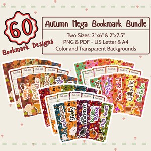 Peut inclure: Ensemble de 60 marque-pages sur le thème de l'automne. Les marque-pages présentent divers graphiques et textes liés à l'automne, notamment des citrouilles, des fantômes et les mots "Spooky" et "Sugar Rush!". L'image indique deux tailles : 5,08cm x 15,24cm et 5,08cm x 19,05cm.