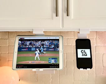 Hanging Kitchen Cabinet Phone & Small Tablet Holder – Under Cupboard Floating Design, No Tools Required