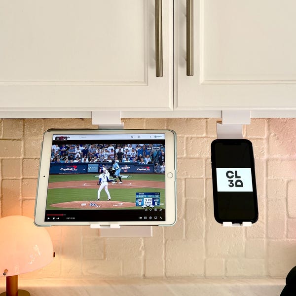 Hanging Kitchen Cabinet Phone & Small Tablet Holder – Under Cupboard Floating Design, No Tools Required