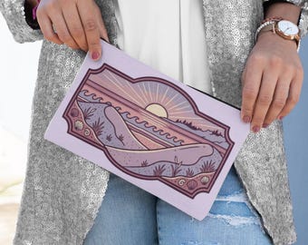 Bolso de mano con estampado de atardecer veraniego / Escena oceánica en tonos pastel, bolso de mano de arte popular