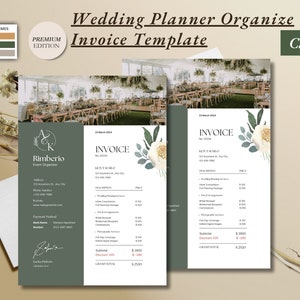 May include: A green and white wedding planner invoice template with a floral design. The invoice includes a list of services and prices, with a subtotal, discount, and grand total. The invoice is from Rimberio Event Organizer.