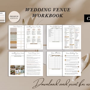 May include: A printable wedding venue workbook with pages for comparing venues, creating a timeline, budgeting, and more. The workbook has a minimalist design with brown and beige accents. The text "WEDDING VENUE WORKBOOK" is at the top of the page. The text "Canva" is in the top right corner of the page.