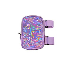 May include: Holographic fanny pack with a zip closure and adjustable lavender straps. The iridescent bag reflects a spectrum of colours. The bag has the initials "EP" on the front.