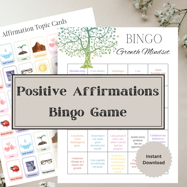 Growth Mindset Bingo, Affirmations Bingo, Positive Affirmations, Affirmation Cards, Mindful Activity, Printable Bingo, Instant Download