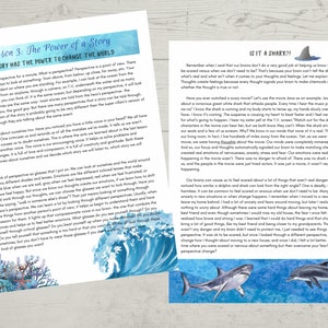 Op de afbeelding: Twee pagina's uit een kinderboek over de kracht van perspectief en hoe onze hersenen ons kunnen laten schrikken terwijl er geen echt gevaar is. De eerste pagina toont een blauwe en groene aquarel-illustratie van een golf die over koraalriffen breekt. De tweede pagina toont een cartoon-illustratie van een grote witte haai en een dolfijn die in de oceaan zwemmen. De tekst op de pagina's bespreekt hoe onze hersenen gevoelens van angst en bezorgdheid kunnen cre&euml;ren wanneer we een enge film kijken, zelfs als we weten dat het gevaar niet echt is.