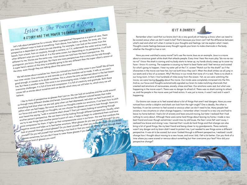 Op de afbeelding: Twee pagina's uit een kinderboek over de kracht van perspectief en hoe onze hersenen ons kunnen laten schrikken terwijl er geen echt gevaar is. De eerste pagina toont een blauwe en groene aquarel-illustratie van een golf die over koraalriffen breekt. De tweede pagina toont een cartoon-illustratie van een grote witte haai en een dolfijn die in de oceaan zwemmen. De tekst op de pagina's bespreekt hoe onze hersenen gevoelens van angst en bezorgdheid kunnen cre&euml;ren wanneer we een enge film kijken, zelfs als we weten dat het gevaar niet echt is.