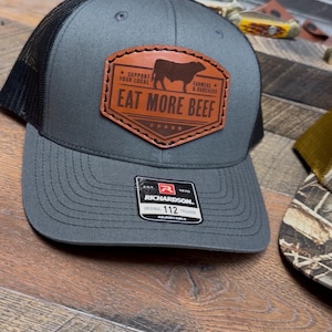 Farming Hat, Cow Farmer, Eat More Beef, Farmer, Rancher, Farming, Eat Real Food, Cattle Hat, Leather Patch Hat, Gift, His Her, Dad Hat